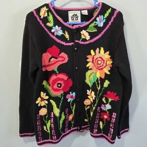 Vintage storybrook knits embroidered floral sweater colorful  garden cardigan sm